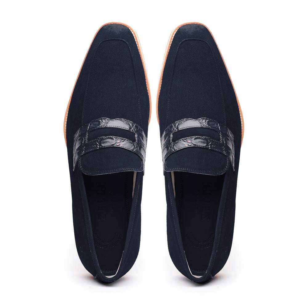 11-020-NVY MEO 3 Sueded Goatskin Penny Loafer, Navy - Zelli Italia - Flyclothing LLC