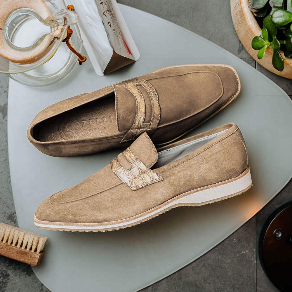 11-020-TPE MEO 3 Sueded Goatskin Penny Loafer, Taupe - Zelli Italia - Flyclothing LLC