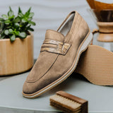 11-020-TPE MEO 3 Sueded Goatskin Penny Loafer, Taupe - Zelli Italia - Flyclothing LLC