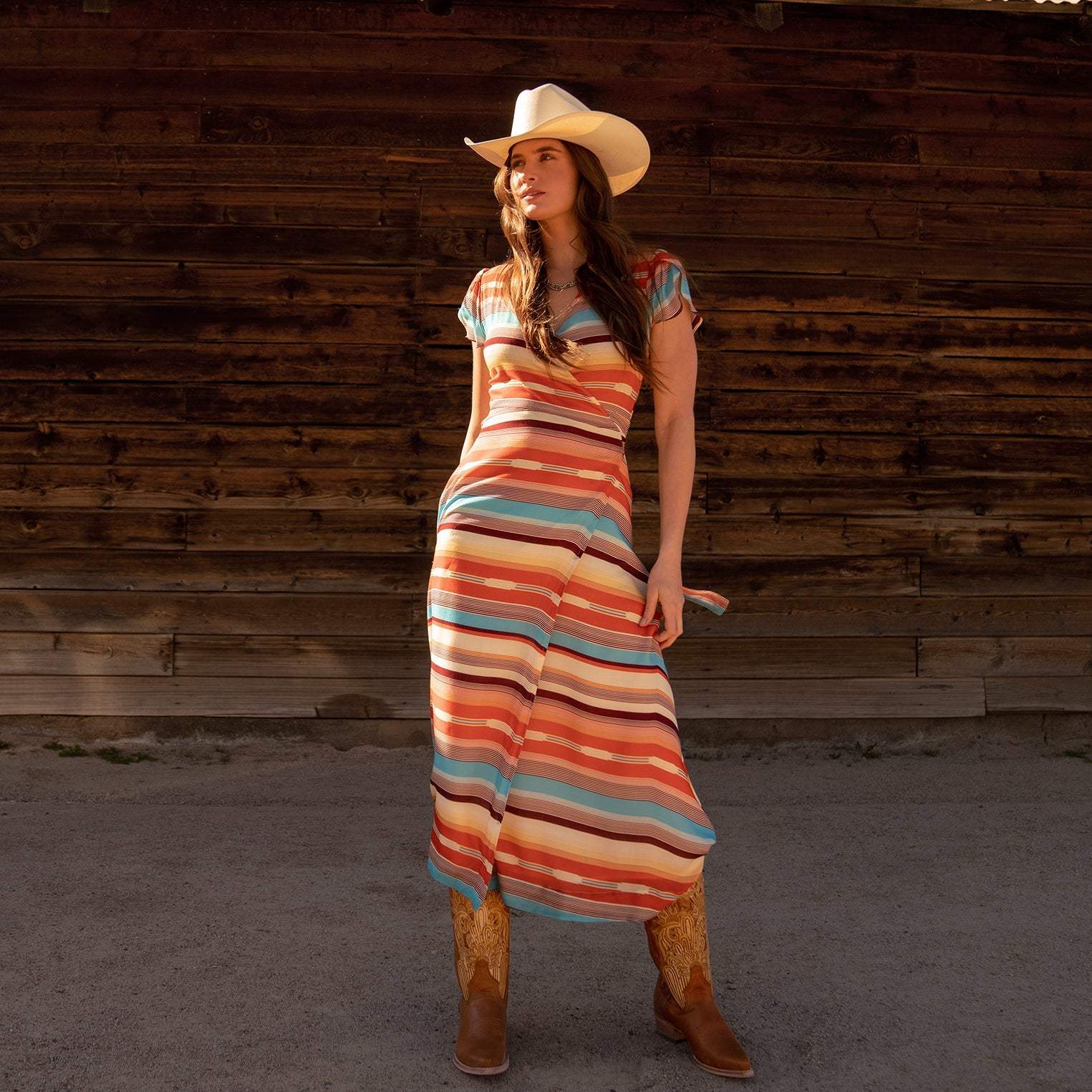 Stetson Sunset Serape Print Rayon Herringbone Wrap Front Dress - Stetson - Flyclothing LLC