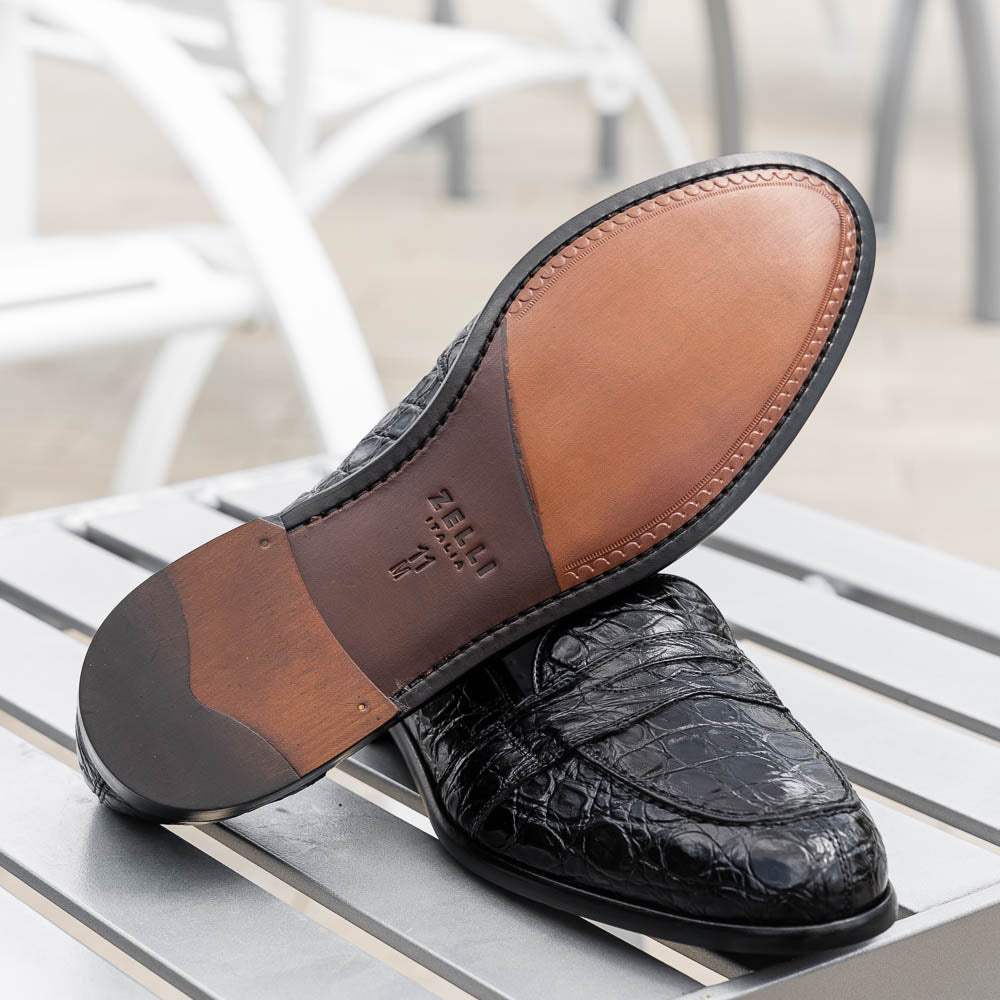 11-119-BKM (BLK) TUSCANY Crocodile Penny Loafer, Black - Zelli Italia - Flyclothing LLC