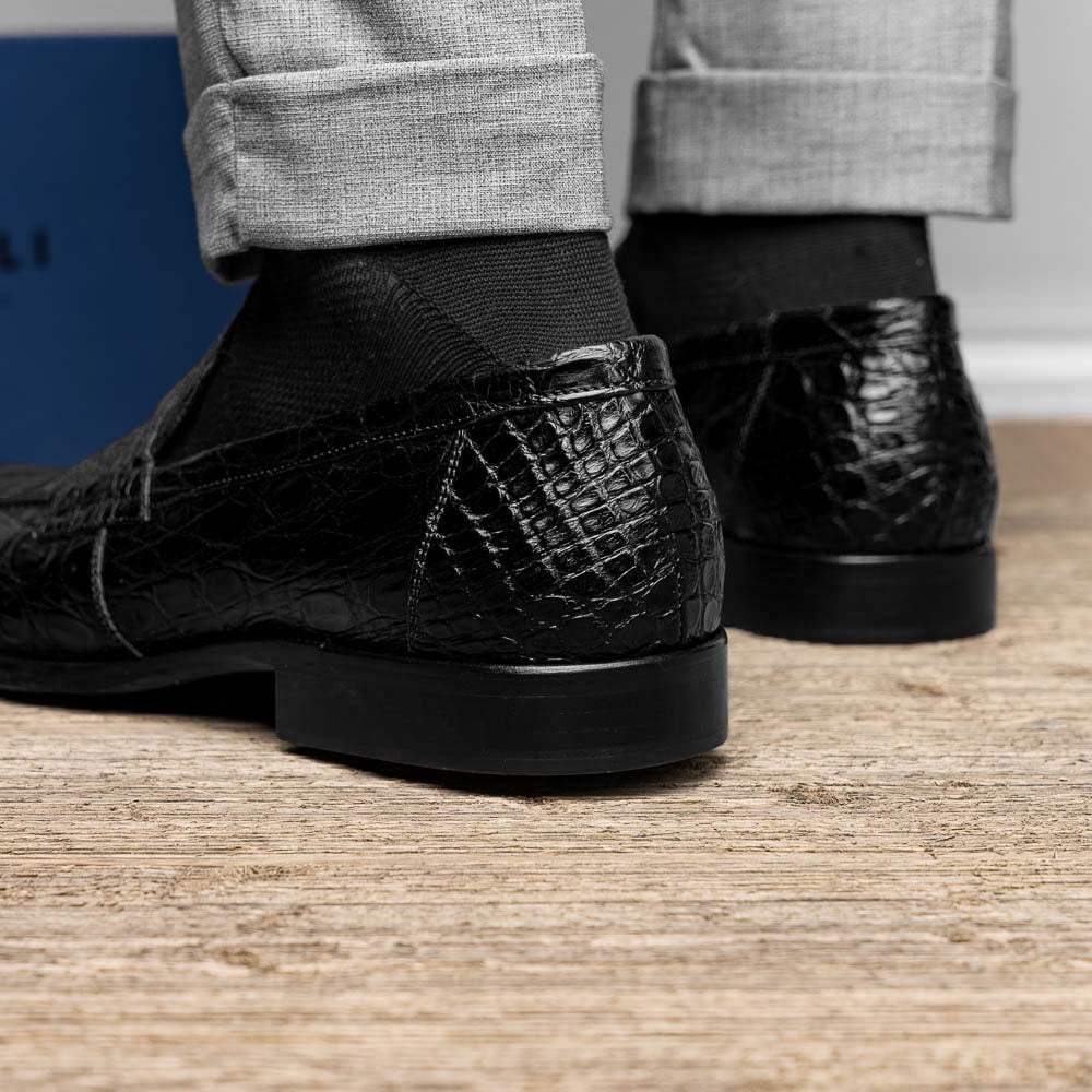 11-201-BKM ROMA Crocodile Penny Loafer, Black - Zelli Italia - Flyclothing LLC