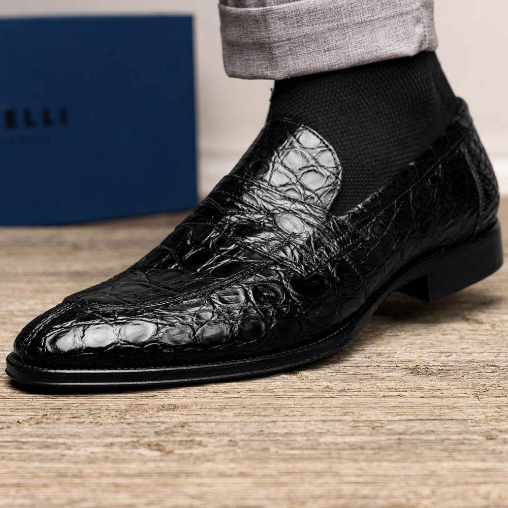 11-201-BKM ROMA Crocodile Penny Loafer, Black - Zelli Italia - Flyclothing LLC