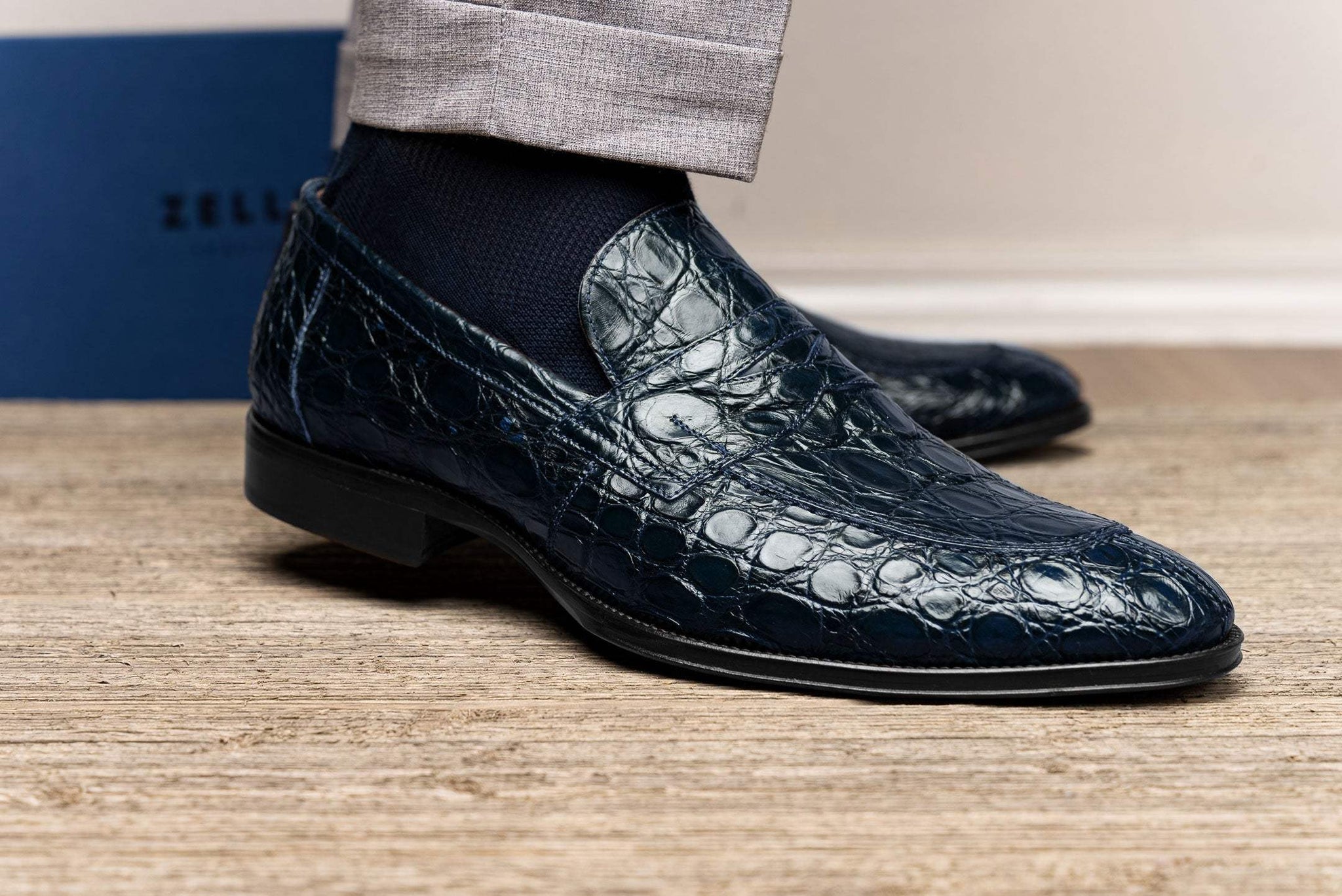 11-201-NVY ROMA Crocodile Penny Loafer, Navy - Zelli Italia - Flyclothing LLC