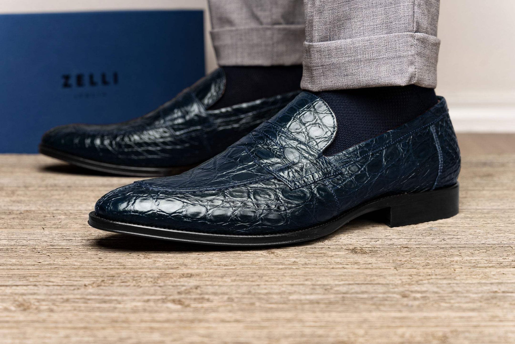 11-201-NVY ROMA Crocodile Penny Loafer, Navy - Zelli Italia - Flyclothing LLC