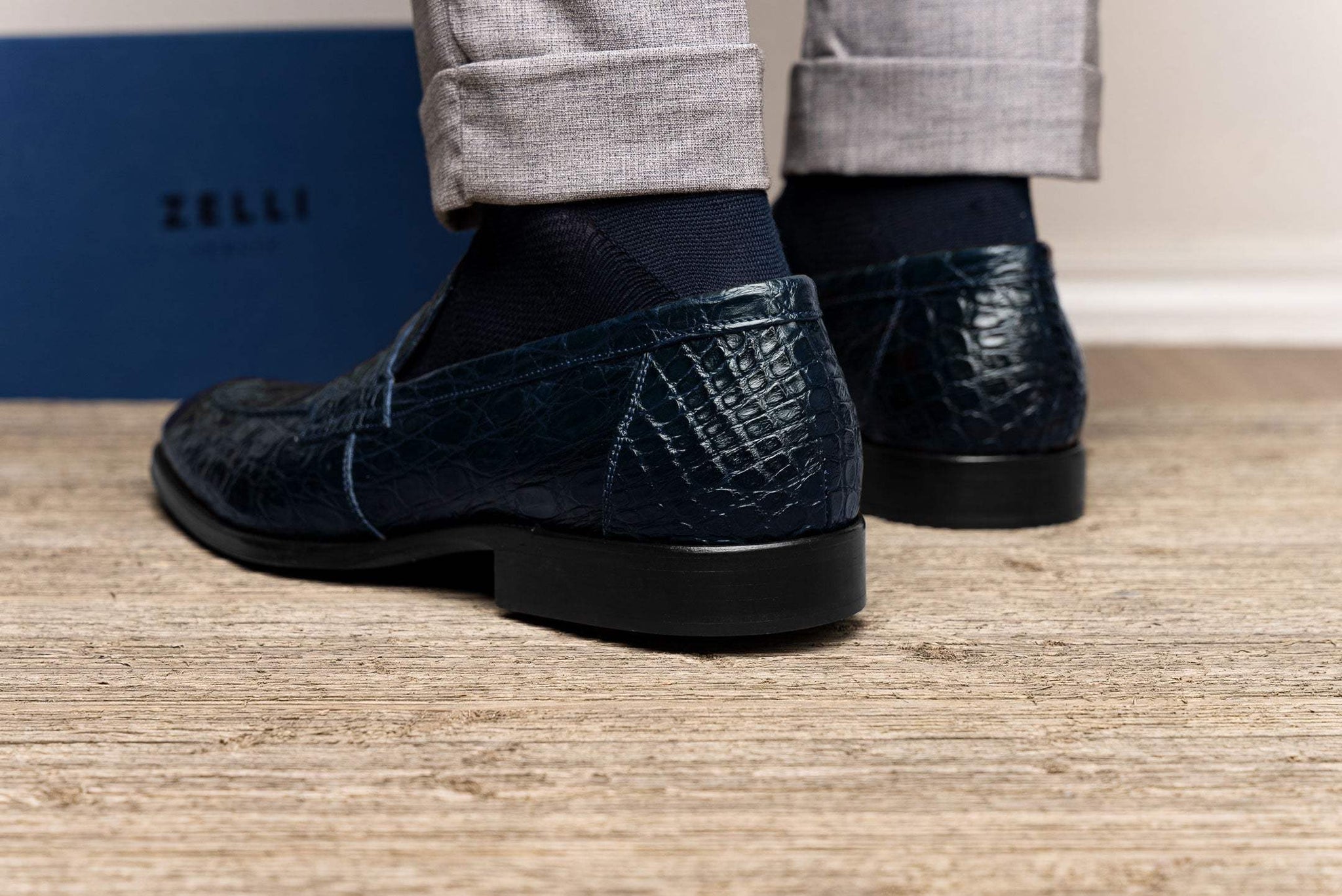 11-201-NVY ROMA Crocodile Penny Loafer, Navy - Zelli Italia - Flyclothing LLC