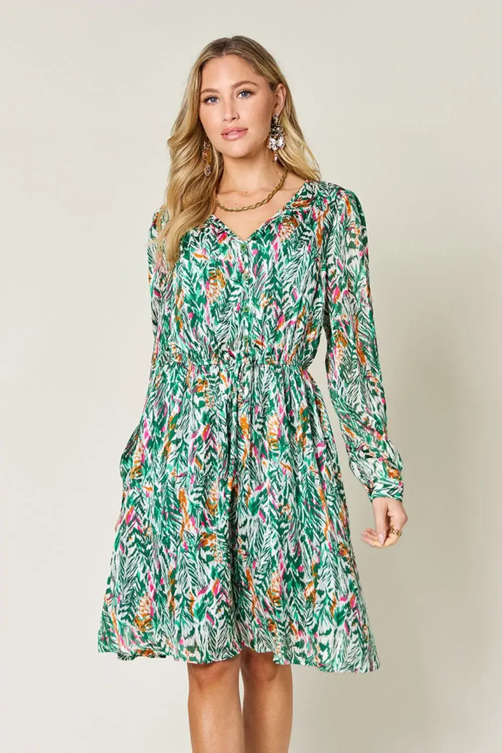 Double Take Full Size Printed Drawstring Waist Long Sleeve Dress - Trendsi - Flyclothing LLC