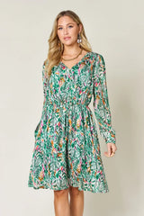 Double Take Full Size Printed Drawstring Waist Long Sleeve Dress - Trendsi - Flyclothing LLC