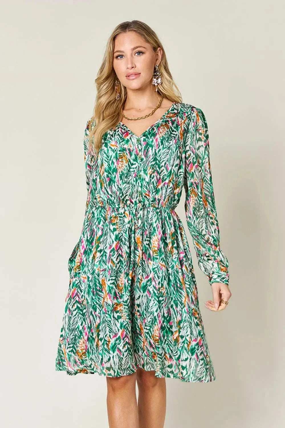 Double Take Full Size Printed Drawstring Waist Long Sleeve Dress - Trendsi - Flyclothing LLC
