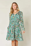 Double Take Full Size Printed Drawstring Waist Long Sleeve Dress - Trendsi