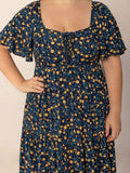 Plus Size Printed Short Sleeve Slit Tiered Maxi Dress - Trendsi