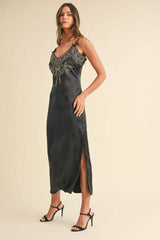 Mable Embroidered Cami Satin Midi Slit Dress - Trendsi - Flyclothing LLC
