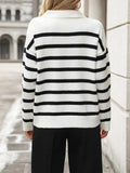 Striped Johnny Collar Long Sleeve Sweater - Trendsi