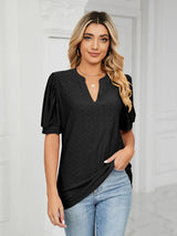 Florira Eyelet Notched Short Sleeve T-Shirt - Trendsi - Flyclothing LLC