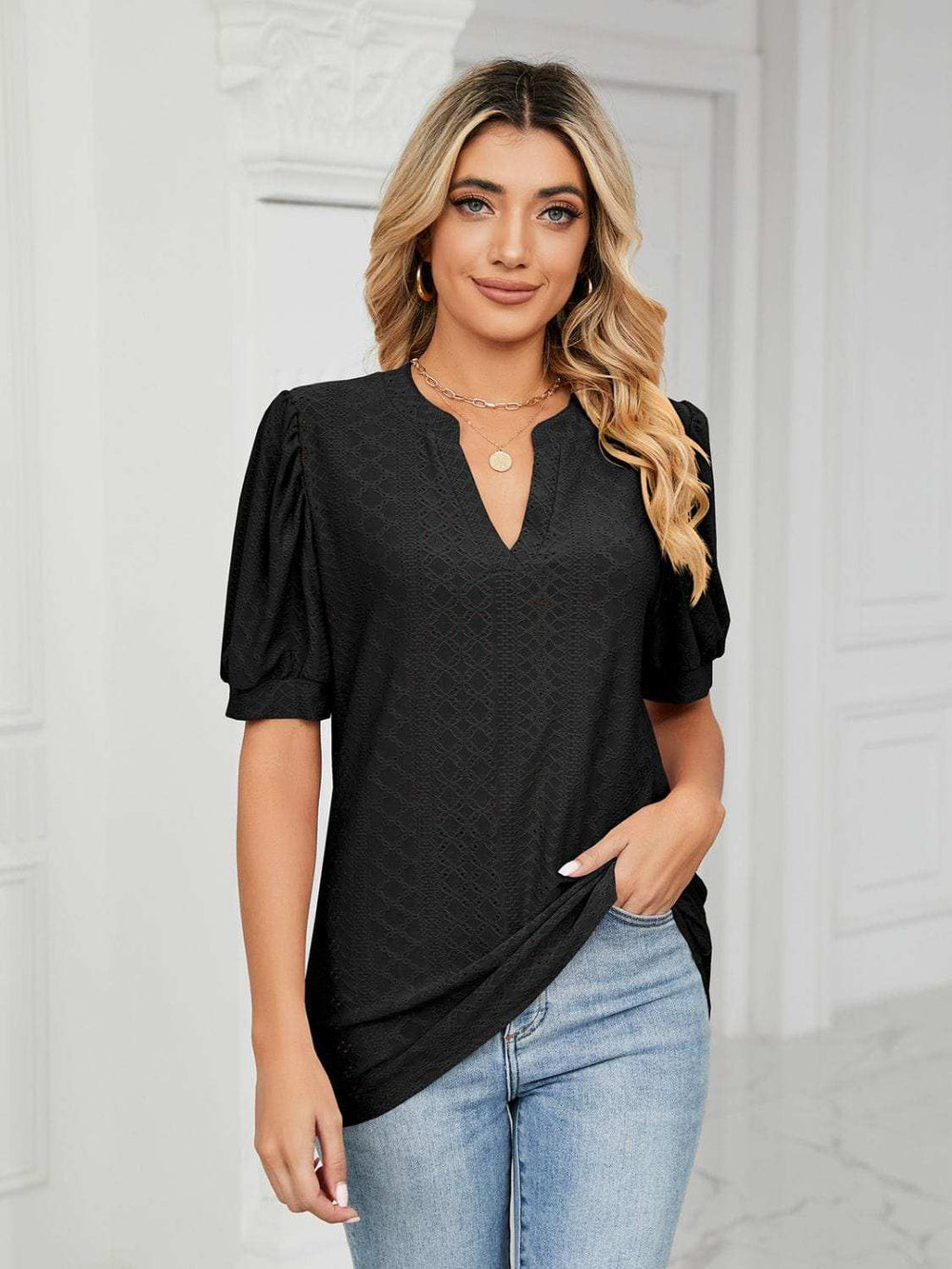 Florira Eyelet Notched Short Sleeve T-Shirt - Trendsi - Flyclothing LLC