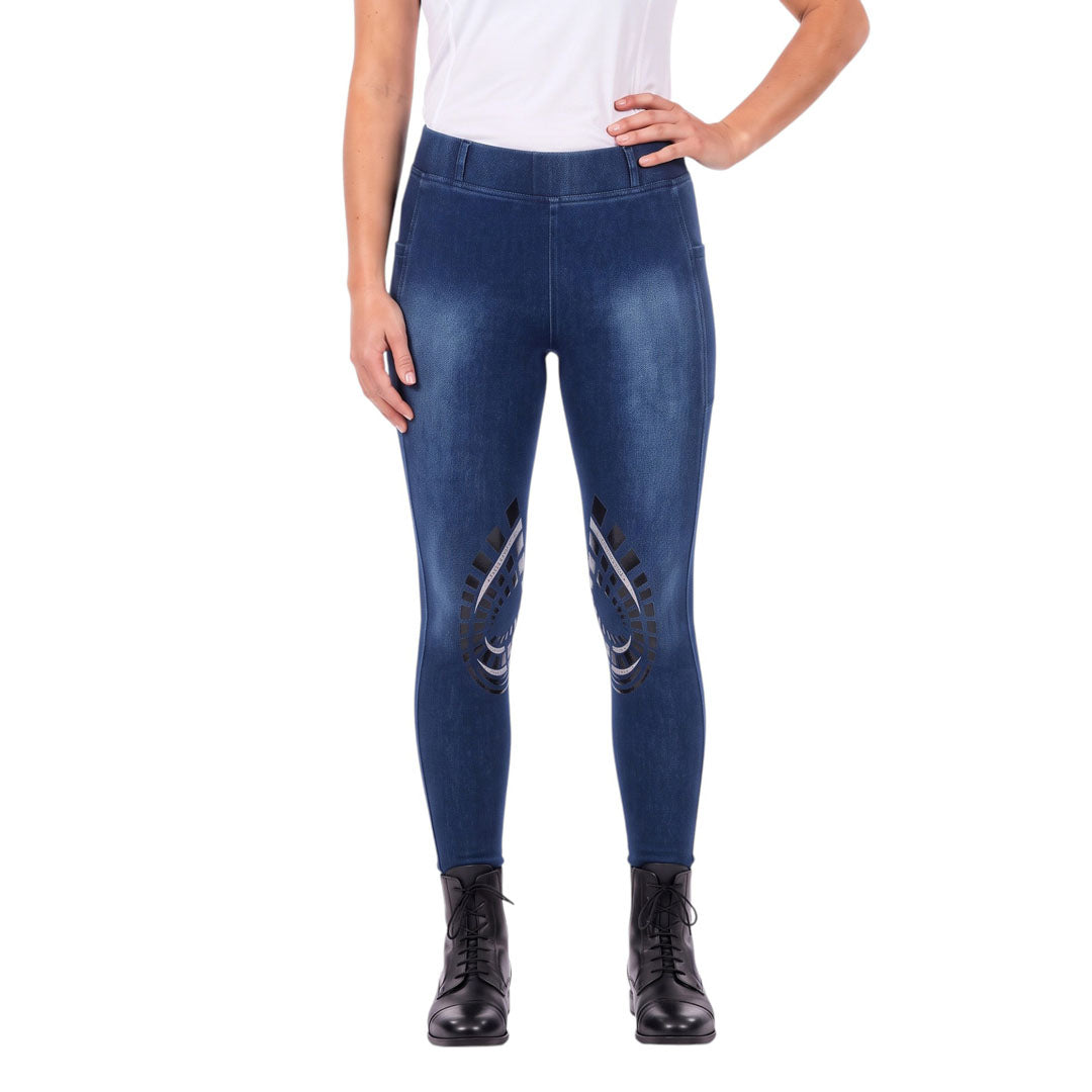 Equine Couture Ladies Denim Silicon Knee Patch Tights with Phone Pocket - Breeches.com - Flyclothing LLC
