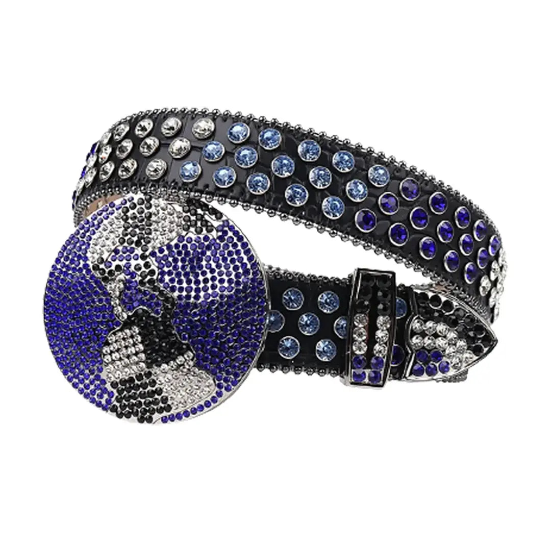 Black Strap Globe Buckle With Purple & Blue Crystal Studded Rhinestone Belt - Rhinestone Belt Store - Flyclothing LLC