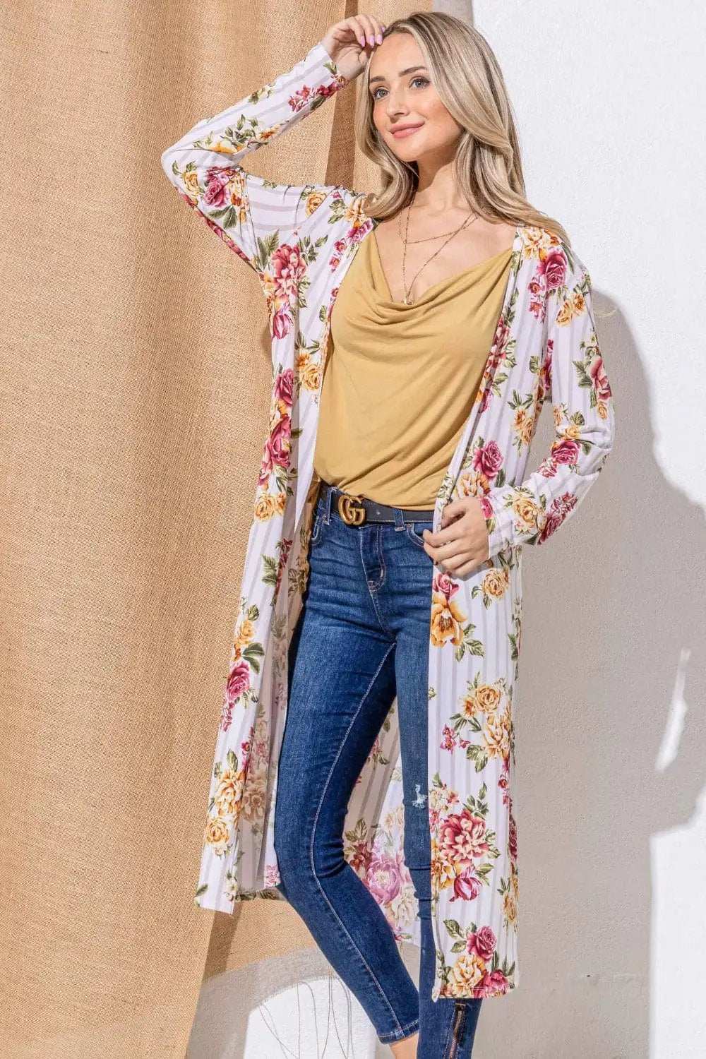 And The Why Floral Kimono Open Front Longline Cardigan - Trendsi - Flyclothing LLC