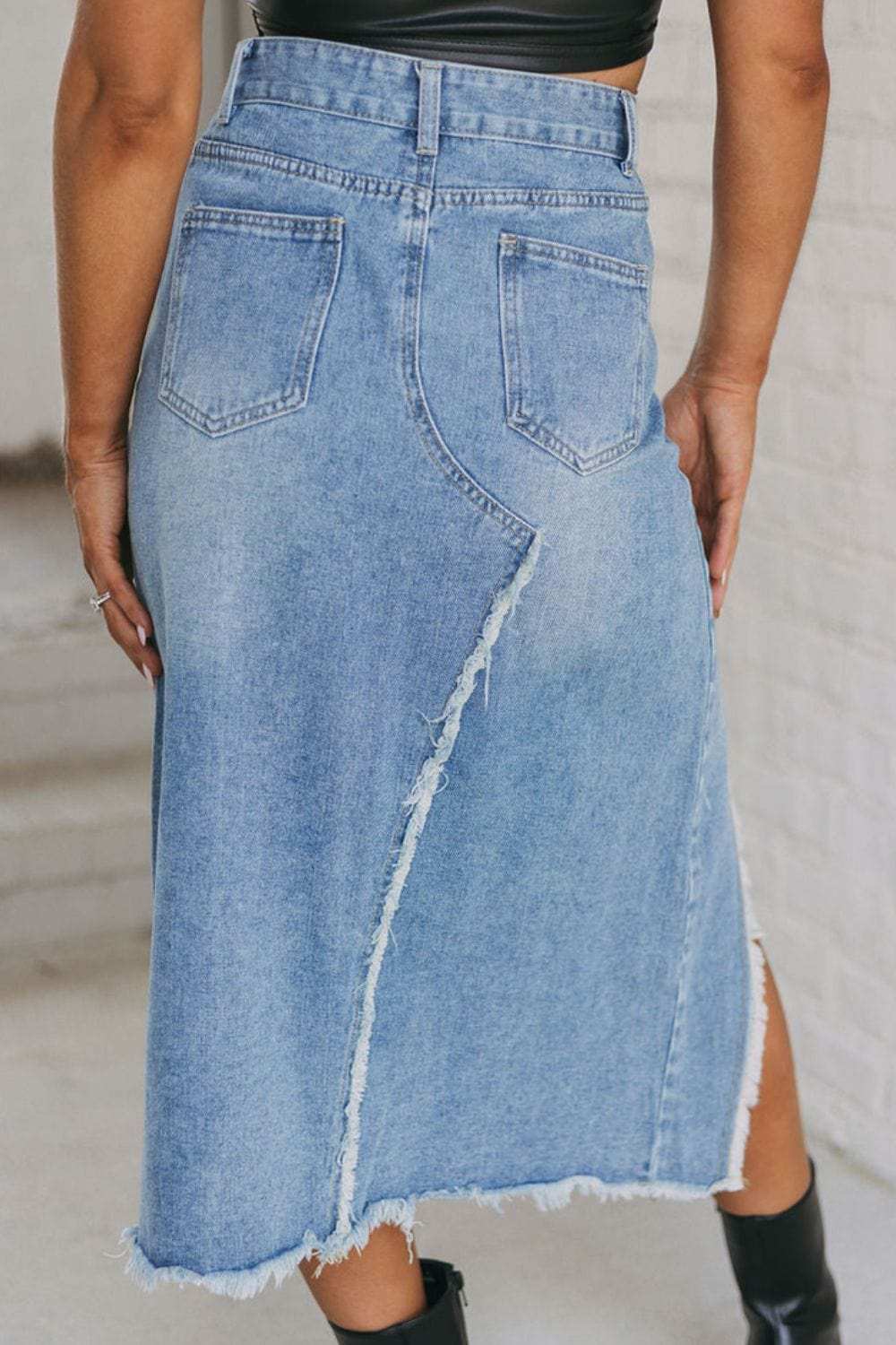 Raw Hem Slit Denim Skirt with Pockets - Trendsi - Flyclothing LLC