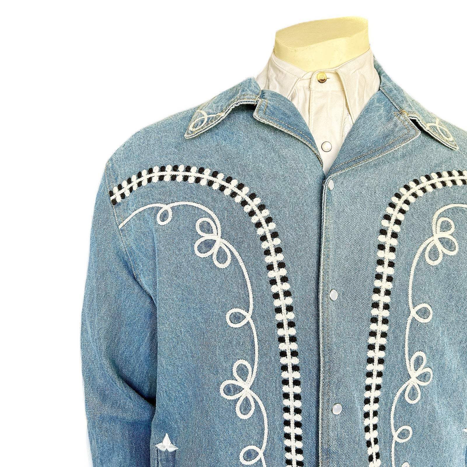 Rockmount Ranch Wear mens vintage western denim bolero jacket with white rope embroidery - Rockmount Clothing - Flyclothing LLC
