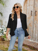 Eyelet Open Front Three-Quarter Sleeve Top - Trendsi - Flyclothing LLC