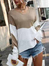 Color Block V-Neck Sweater - Trendsi - Flyclothing LLC