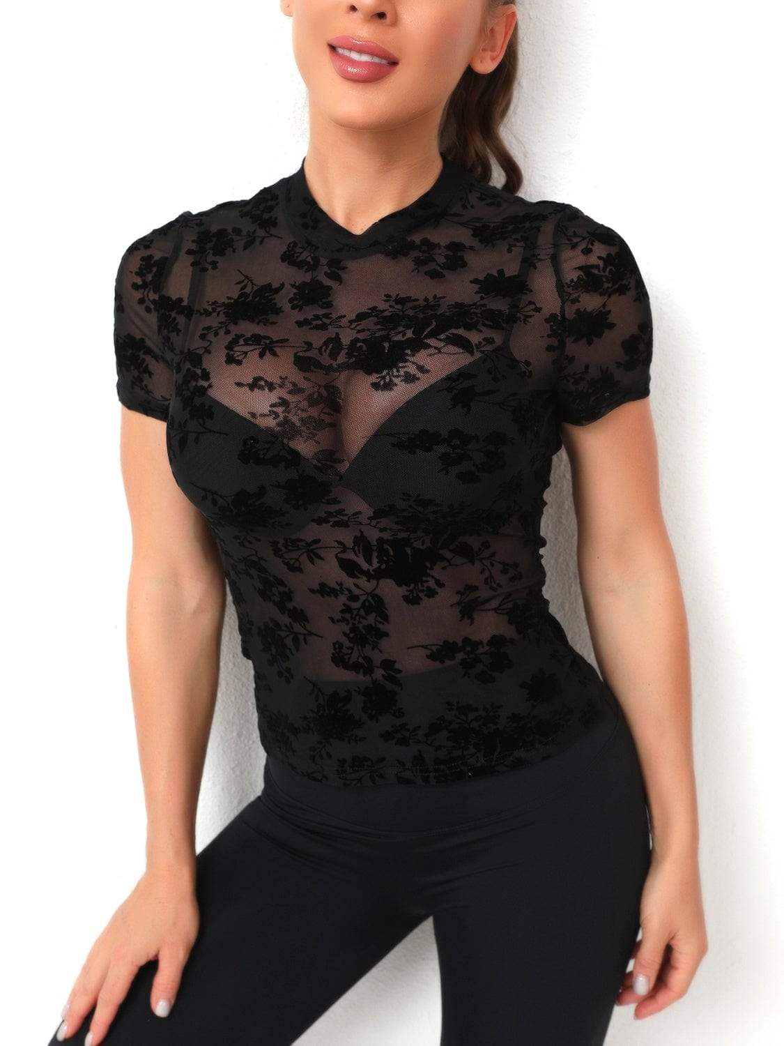 Mock Neck Short Sleeve Top - Trendsi - Flyclothing LLC