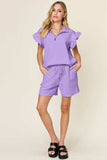 Double Take Full Size Texture Flounce Sleeve Top and Drawstring Shorts Set - Trendsi - Flyclothing LLC