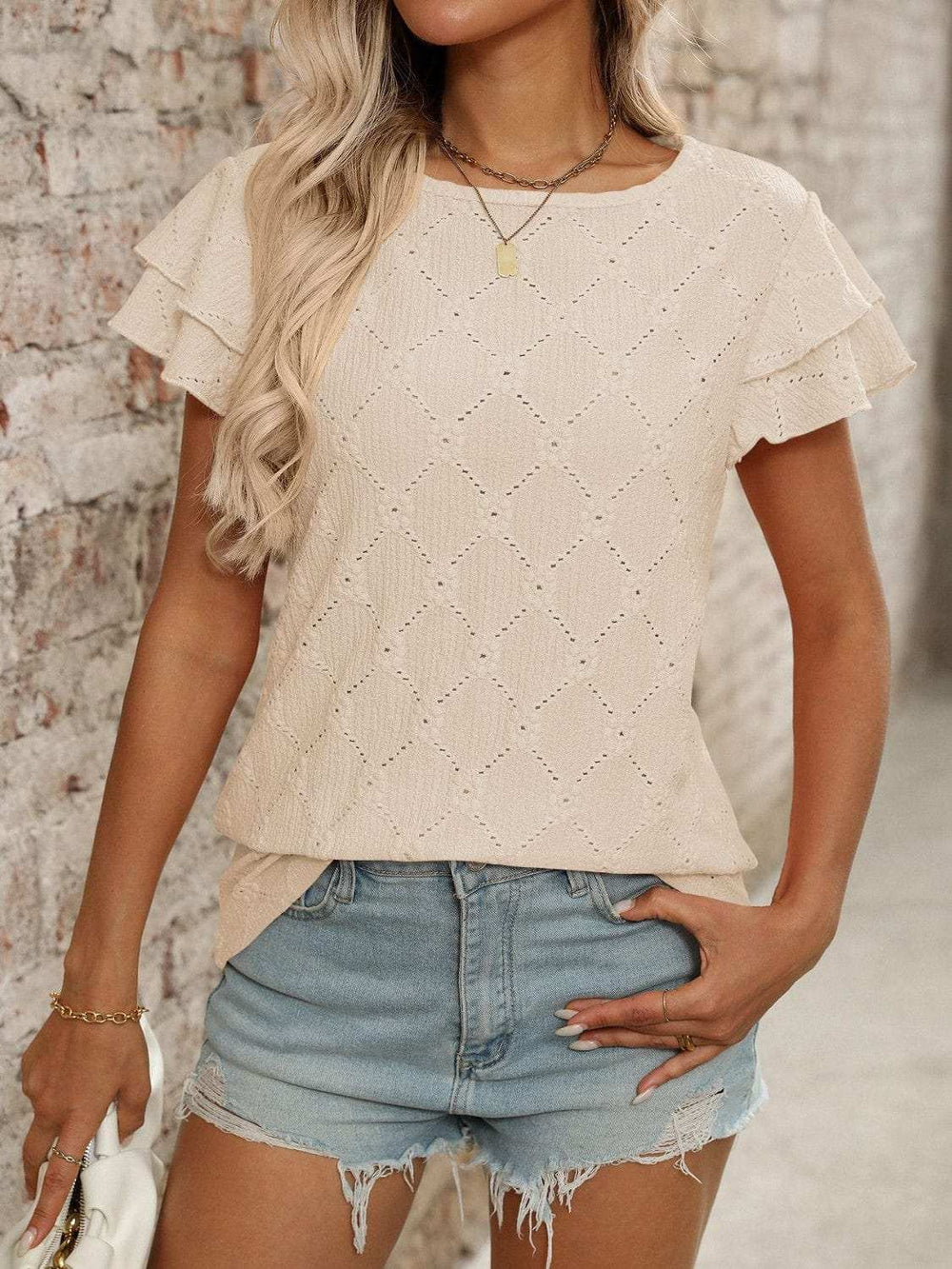 Eyelet Round Neck Double Layered Ruffled Short Sleeve Top - Trendsi - Flyclothing LLC