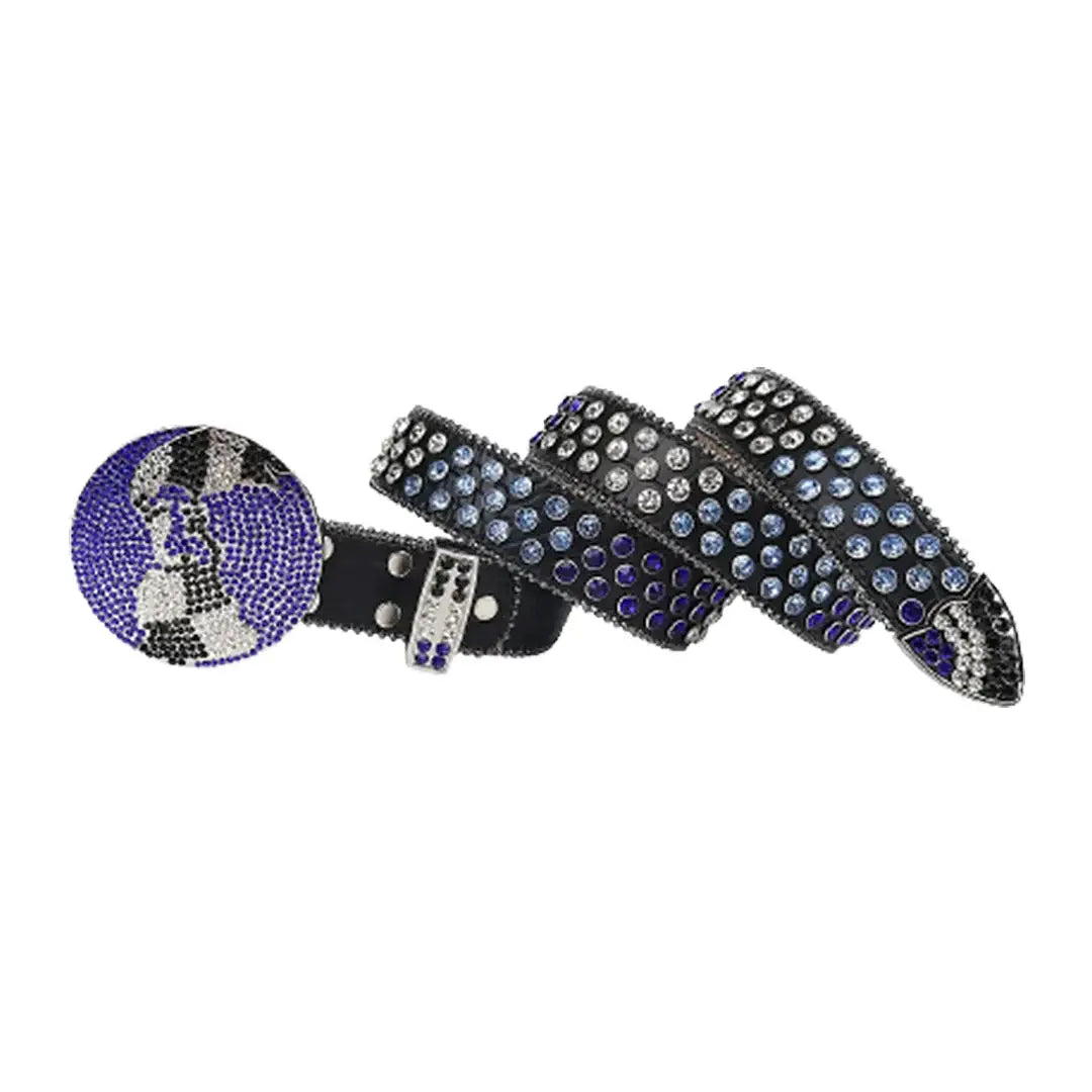 Black Strap Globe Buckle With Purple & Blue Crystal Studded Rhinestone Belt - Rhinestone Belt Store - Flyclothing LLC
