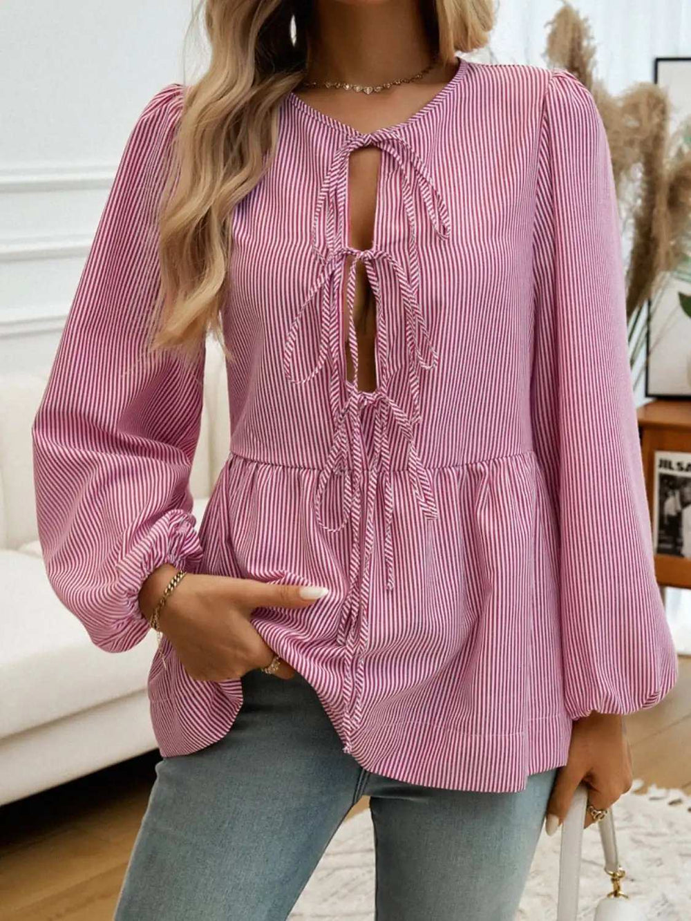 Devine Tied Striped Long Sleeve Blouse - Trendsi - Flyclothing LLC