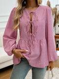 Devine Tied Striped Long Sleeve Blouse - Trendsi - Flyclothing LLC