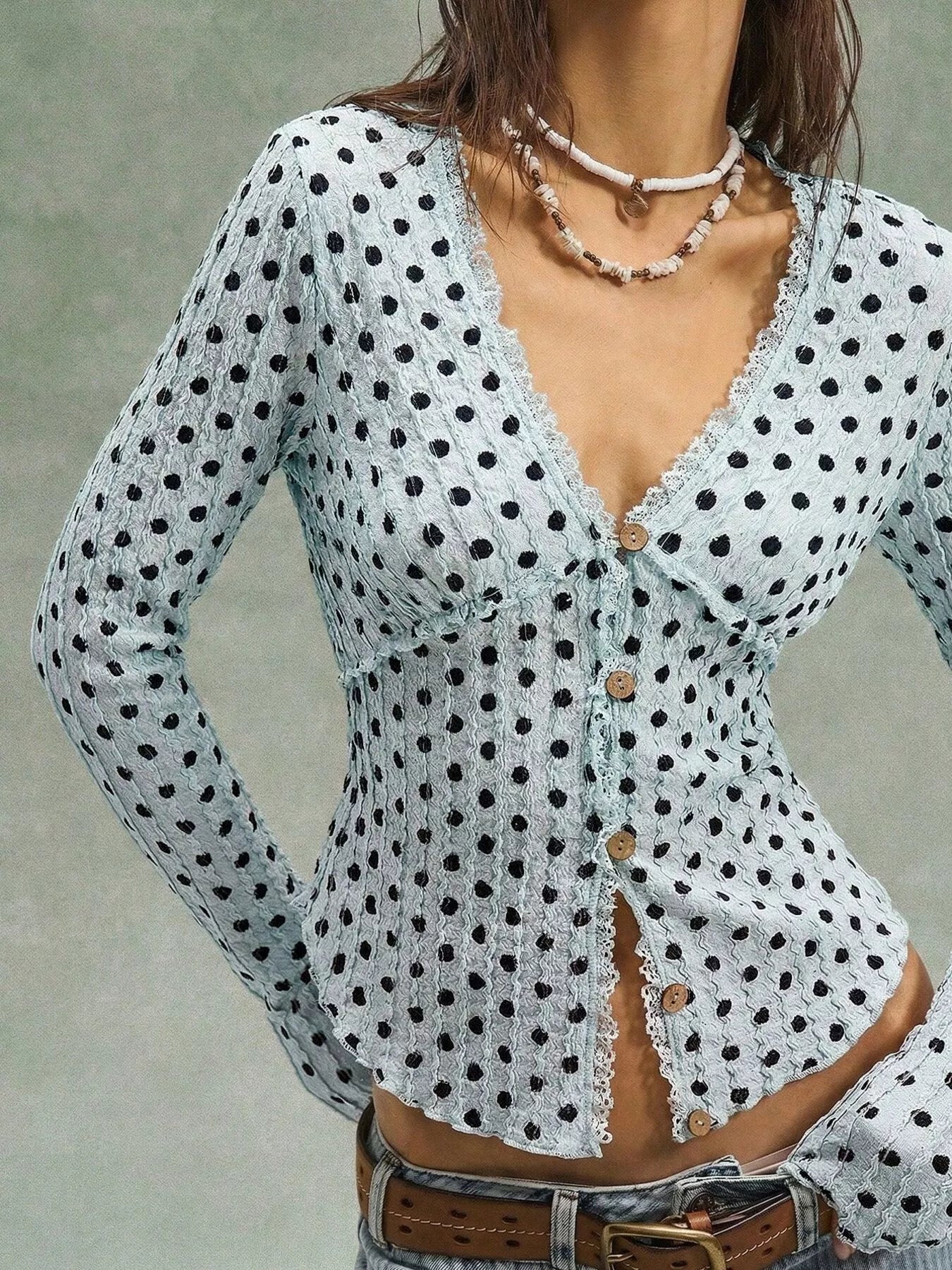 Polka Dot Button Down Textured Long Sleeve Blouse - Trendsi - Flyclothing LLC