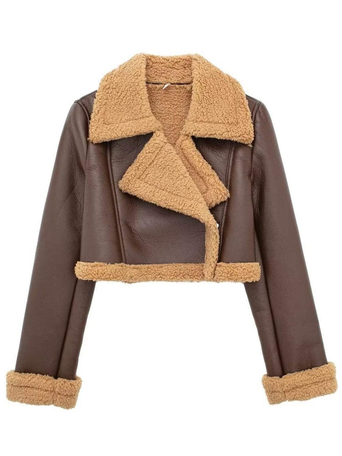 Collared Neck Long Sleeve Plush Cropped Jacket - Trendsi - Flyclothing LLC