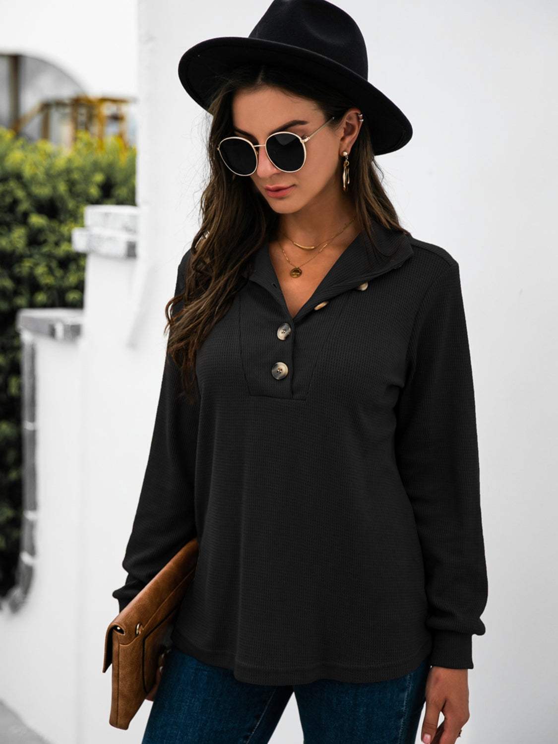 Half Button Long Sleeve T-Shirt - Trendsi - Flyclothing LLC