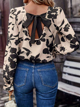 Bow Back Printed Round Neck Flounce Sleeve Blouse - Trendsi - Flyclothing LLC