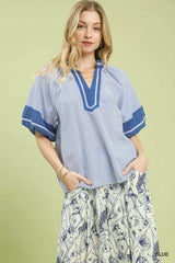 Umgee Striped Mixed Puff Sleeve Blouse - Trendsi - Flyclothing LLC