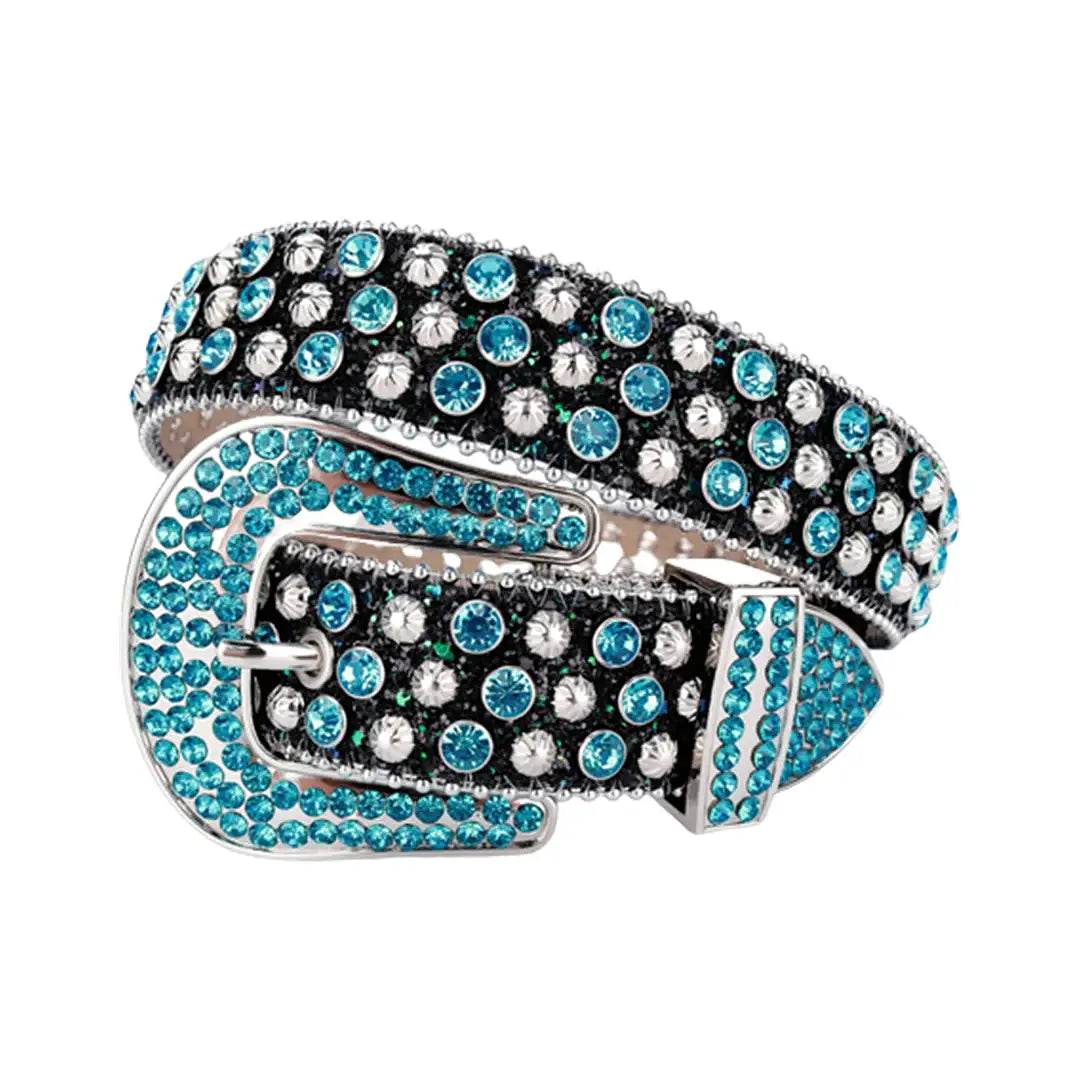 Black Strap With Aqua & Crystal Rhinestone Belt - Rhinestone Belt Store - Flyclothing LLC