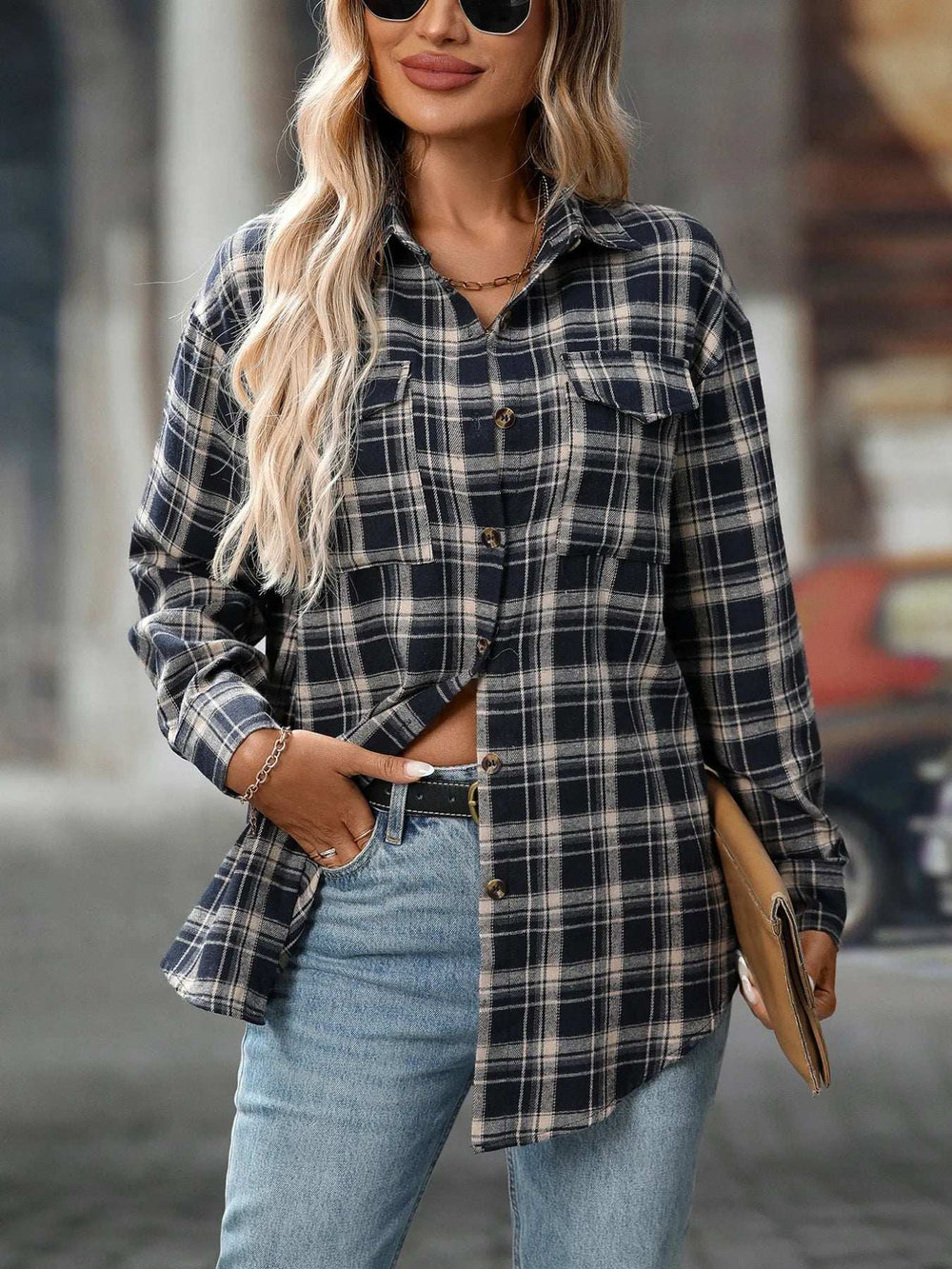 Plaid Button-Down Oversized Shirt - Trendsi - Flyclothing LLC