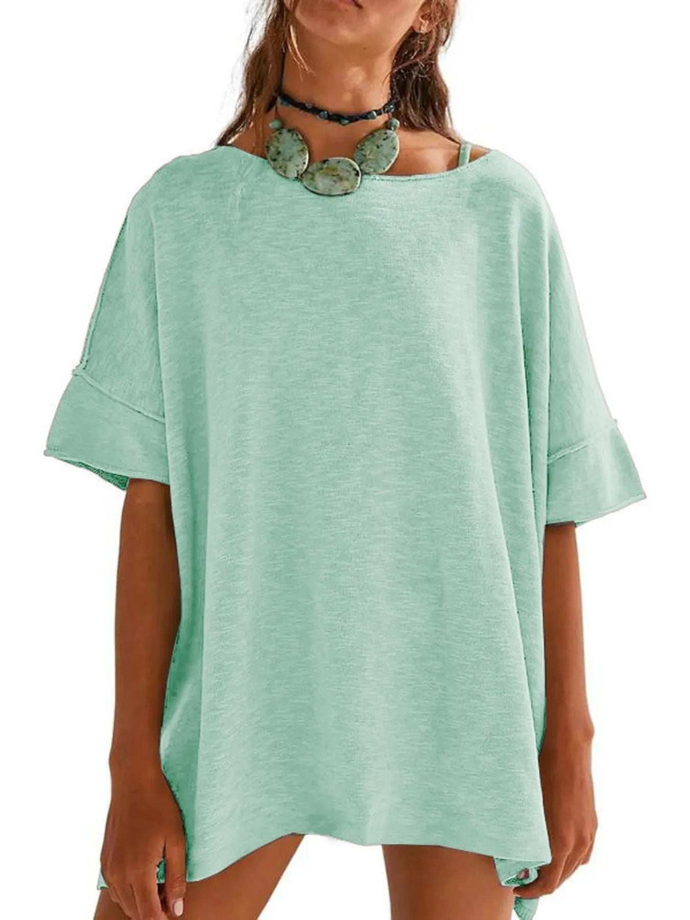 Oversized Round Neck Drop-Shoulder T-Shirt - Trendsi - Flyclothing LLC