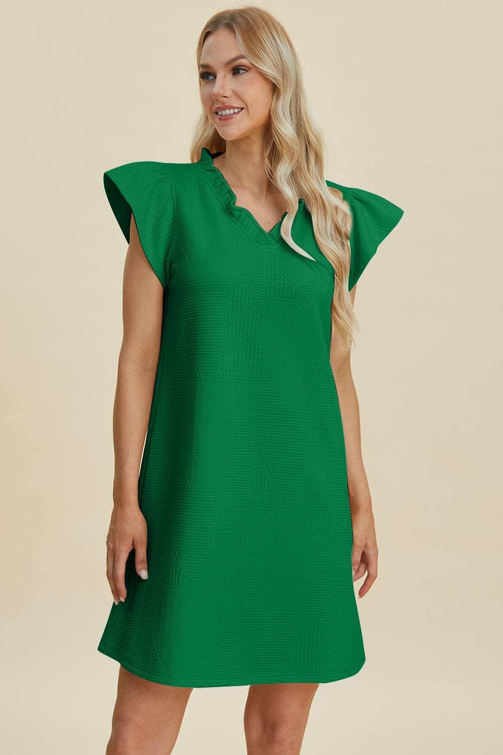 Double Take Full Size Ruffled V-Neck Cap Sleeve Dress - Trendsi - Flyclothing LLC