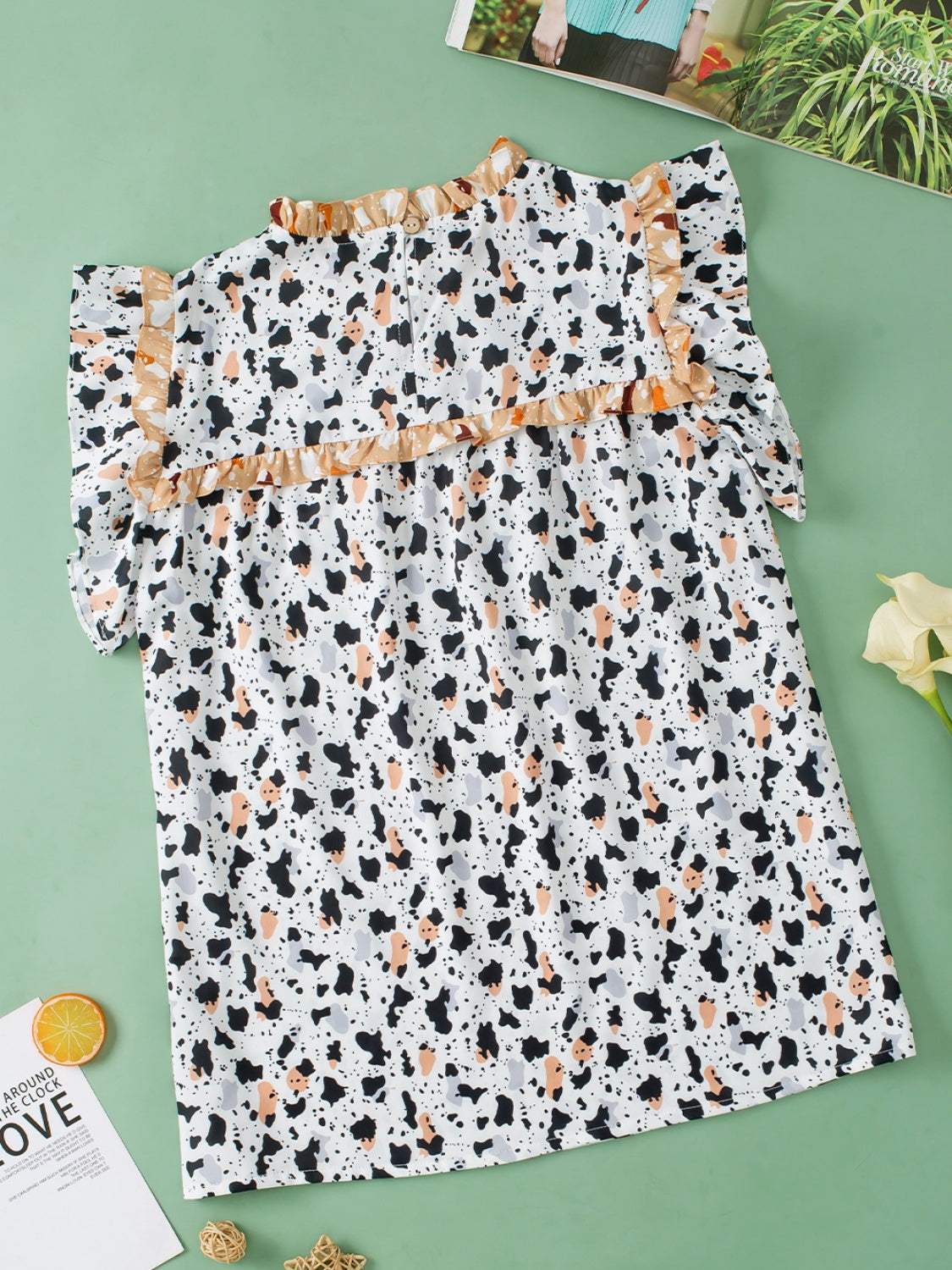 Ruffled Printed Mock Neck Cap Sleeve Blouse - Trendsi - Flyclothing LLC