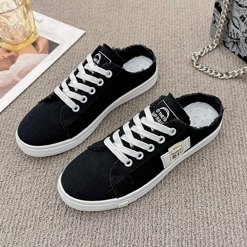 Frayed Hem Lace Up Canvas Sneakers - Trendsi - Flyclothing LLC