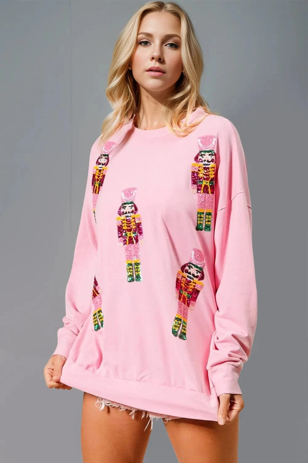 Double Take Sequin Nutcracker Round Neck Long Sleeve Sweatshirt - Trendsi