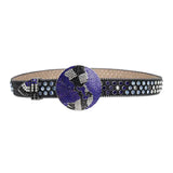 Black Strap Globe Buckle With Purple & Blue Crystal Studded Rhinestone Belt - Rhinestone Belt Store - Flyclothing LLC