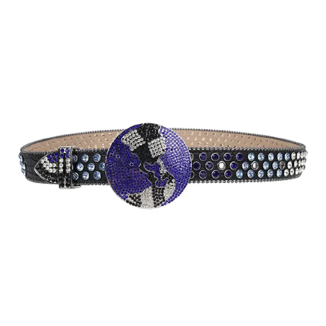 Black Strap Globe Buckle With Purple & Blue Crystal Studded Rhinestone Belt - Rhinestone Belt Store - Flyclothing LLC