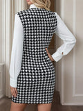 Houndstooth Print Tie Neck Long Sleeve Mini Dress - Trendsi - Flyclothing LLC