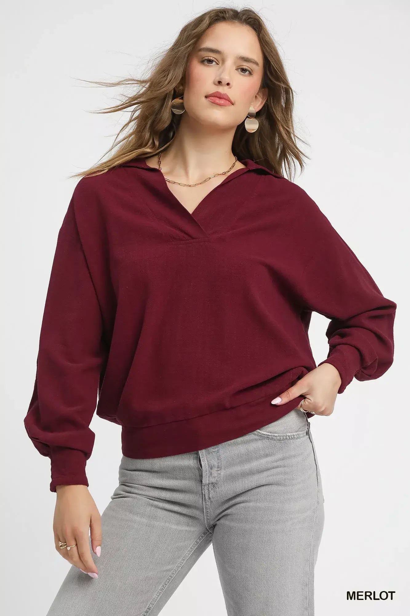 Umgee Linen Long Sleeves Elastic Hem Blouse - Trendsi - Flyclothing LLC