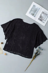 Scallop Edge Half Sleeve Pointelle Knit Top - Trendsi - Flyclothing LLC