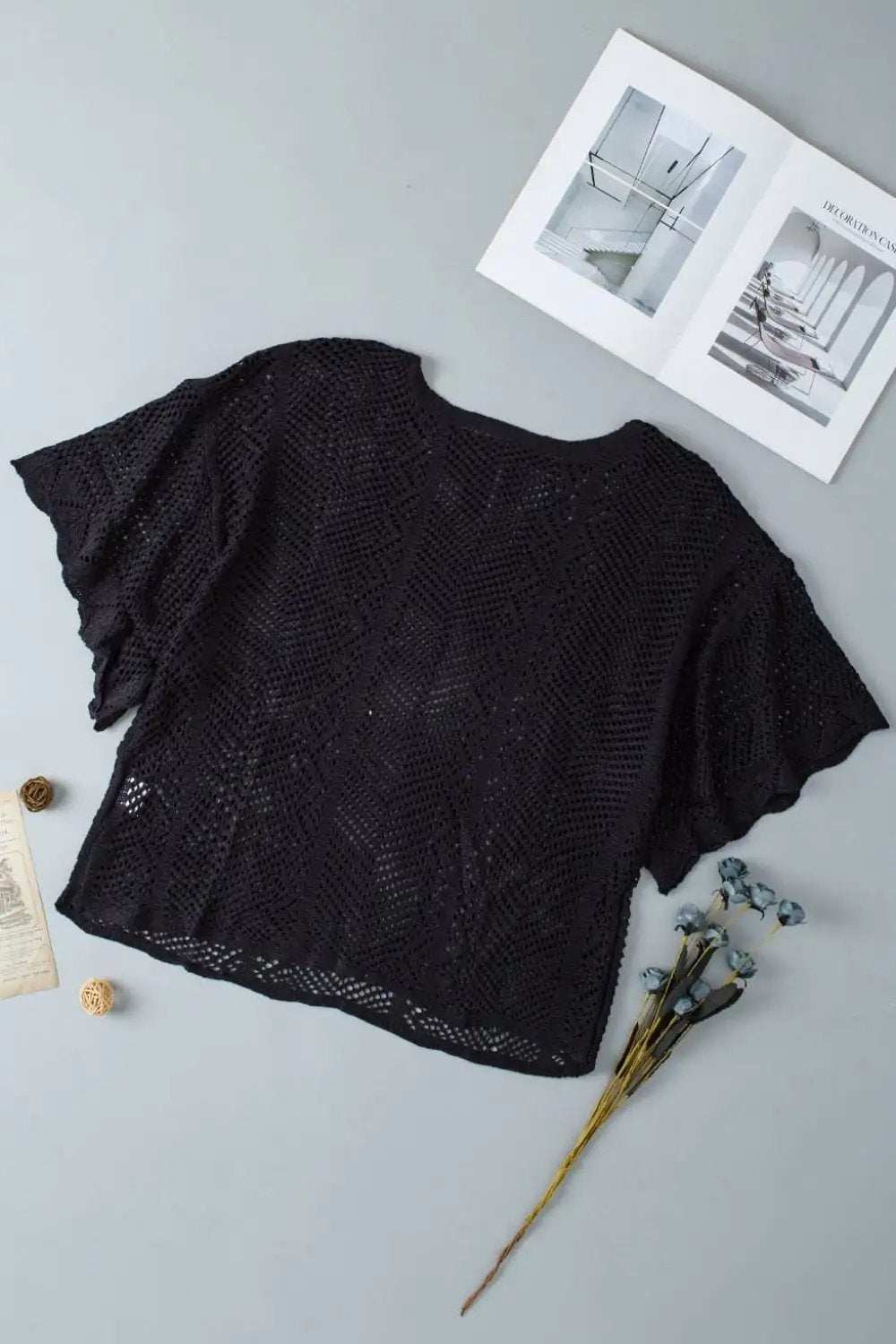 Scallop Edge Half Sleeve Pointelle Knit Top - Trendsi - Flyclothing LLC